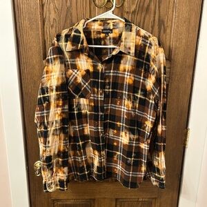 America Land of the Free Orange Brown Plaid Flannel Button Shirt Large